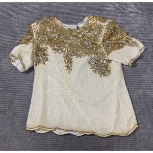 Vintage LAURENCE KAZAR Ivory & White 100% Silk Sequin Beaded Womens Top Size L